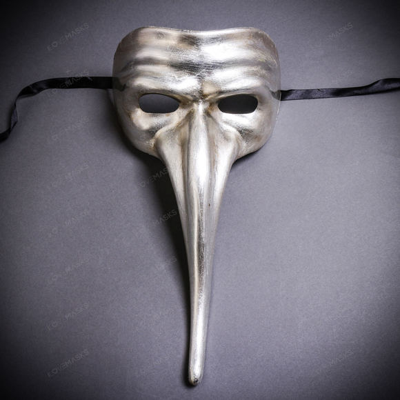 Zanni Long Nose Venetian Mardi Gras Mask Masquerade - Silver - Picture 1 of 5